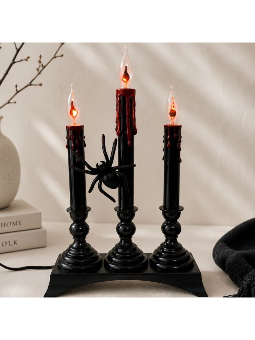 Halloween Bleeding Candle Flickering Candelabra VTG Spider Lamp Electric Plug In
